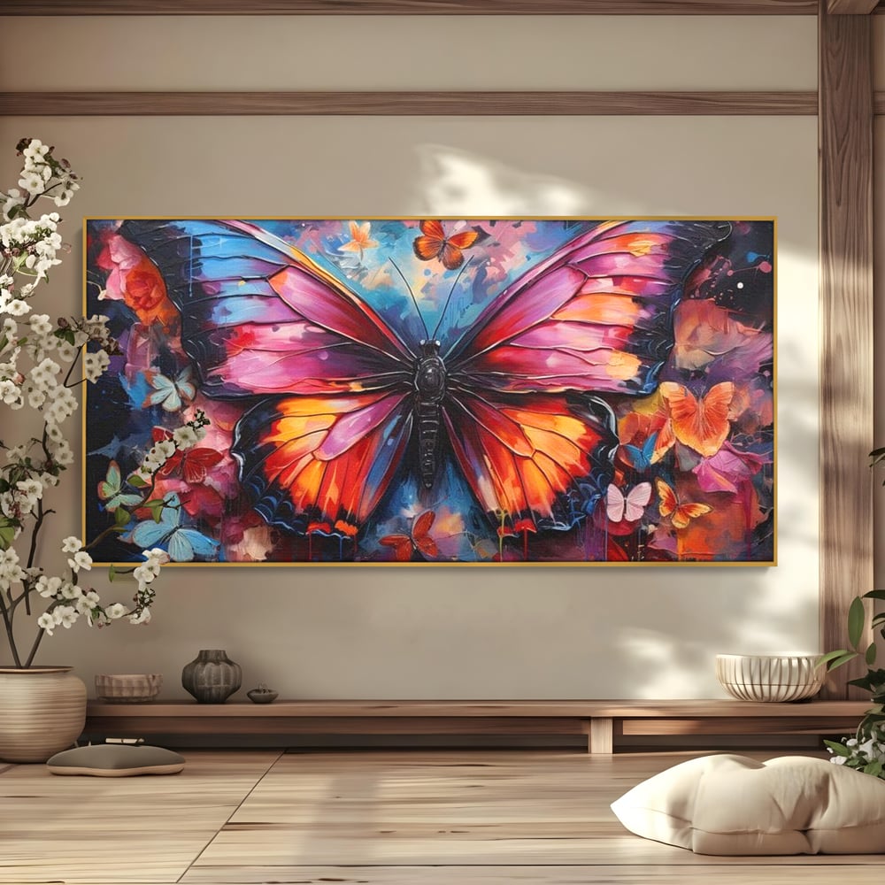 Tablou canvas cu tablou canvas cu fluture central multicolor, in rama de aluminiu auriu